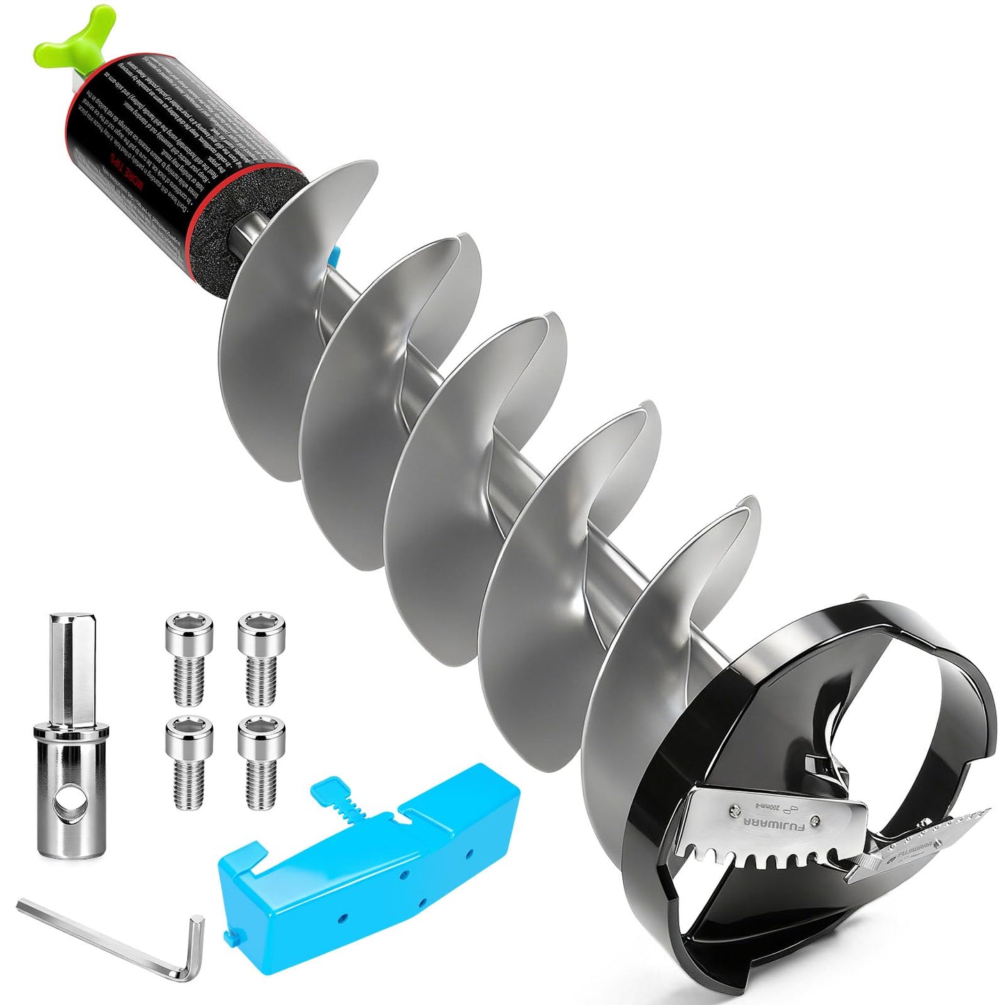 FUJIWARA Ice Auger, 8" Diameter Ice Drill Bit, Nylon Corless Ice Augers for Ice Fishing,SK-5 High Carbon Steel Blade,with 1/2”Universal Adapter & Buoyant Foam