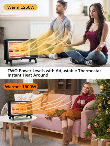 JASUN Portable Space Heater Electric Radiant Heater Fast Heating with Adjustable Thermostat, Portable Indoor Heater with Handle Quiet Energy-Saving 1250W/1500W for Office Home Garage Bedroom Black