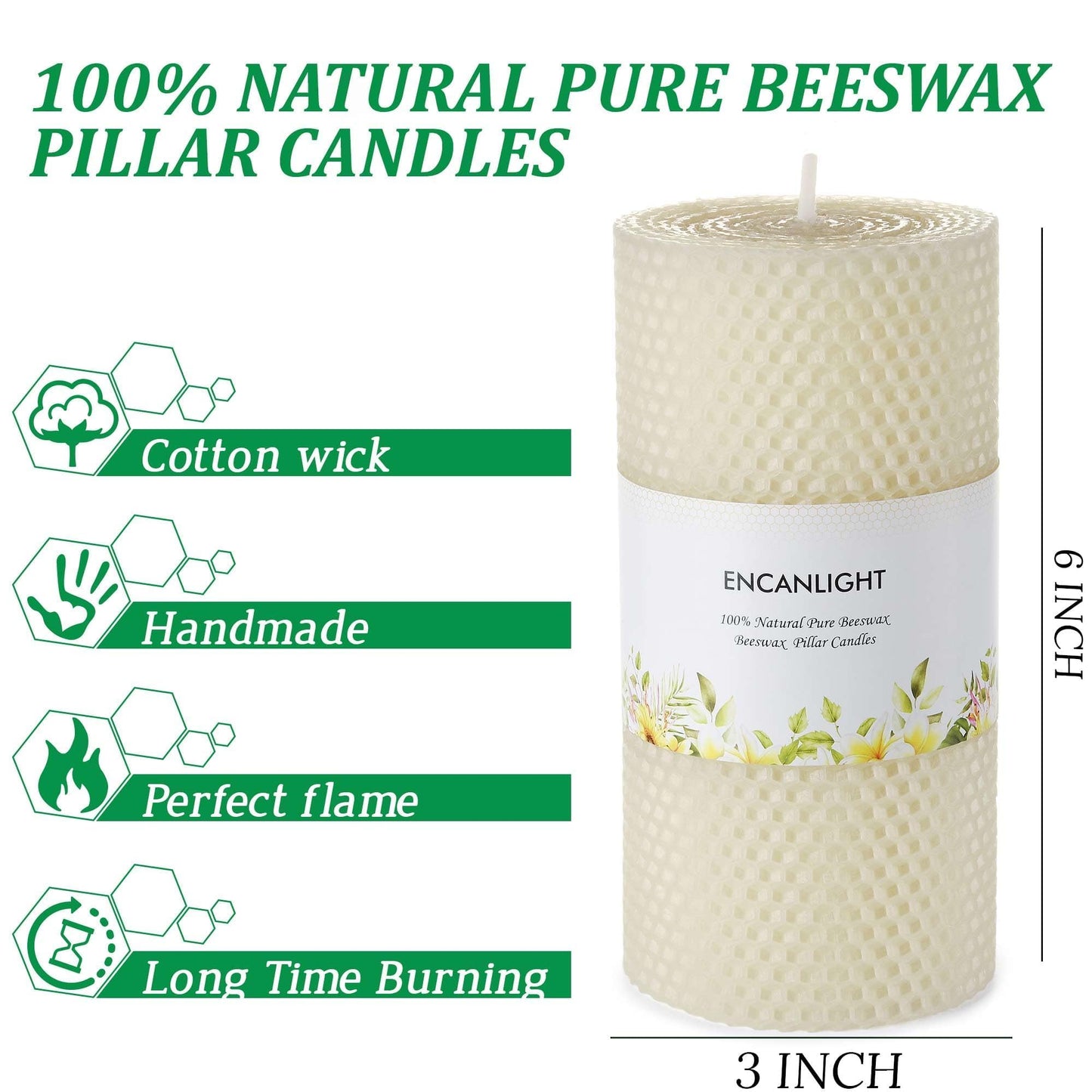3x6 Inch Pure Natural White Honeycamb Beewaxs Pillar Candle Rolled Candles,60 Hours Long Burning, Unscented and Dripless for Home Decor Christmes Weddings