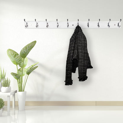 lomejii 37 Inch Long Wooden Wall Mounted Coat Rack with 10 Silver Chrome Hooks for Entryway and Bedroom to Hang Coats, Hats - Heavy Duty Hooks School Bag