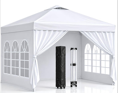 10x10 Pop Up Canopy with Sidewalls- Portable Sun Shade Beach Tent, Gazebo Heavy Duty with Cover Wheeled Bag, Ideal for Parties, Backyard, Camping (White)