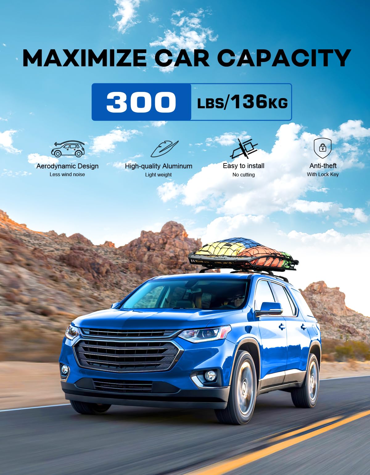 Wonderdriver Lockable 300lbs Roof Rack Cross Bars Compatible with Chevy Chevrolet Traverse 2018 2019 2020 2021,All-Metal Aluminum Heavy Duty Roof Rails Crossbars Cargo Canoe Black Rooftop Luggage.