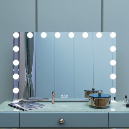 BEAUTME Large Vanity Mirror with Lights, 35.9''×24.3'' Makeup Mirror, Light up Mirror with 16 Dimmable LED Lights and 10X Magnification, 3 Colors Lights Modes, Touch Control, White