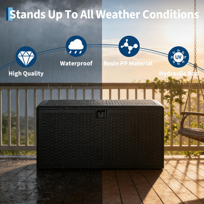 Garvee 120 Gallon Waterproof Large Resin Deck Box Indoor Outdoor, Lockable Storage Container for Patio Furniture Tools, Waterproof Deck Box with Hydraulic Rod Patio Storage Bin for Pool Garden, Black