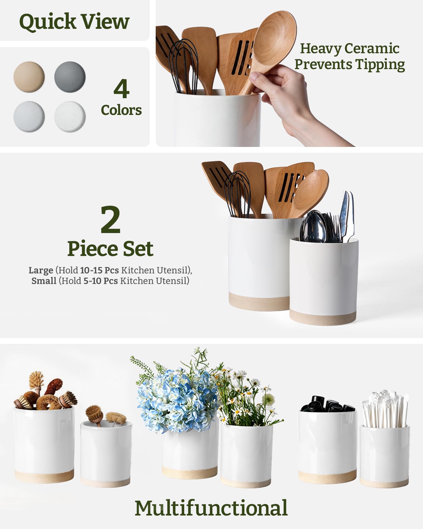 famiware Milkyway Kitchen Utensil Holder for Countertop, 7.2"+5.8" Ceramic Cooking Utensil Crocks for Counter, Utensil Organizer for Spatula & Spoon, Kitchen Decor, Set of 2, White