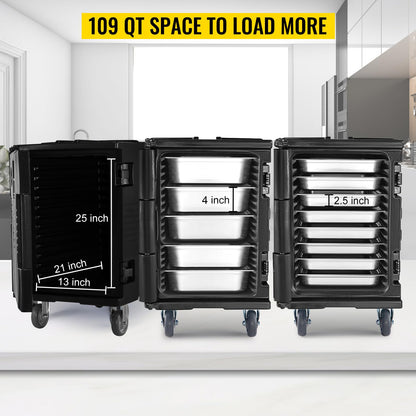 VEVOR Insulated Food Pan Carrier, 127 Qt Hot Box for Catering, LLDPE Food Box Carrier w/Double Buckles, Front Loading Food Warmer w/Handles, End Loader w/Wheels for Restaurant, Canteen, etc. Black