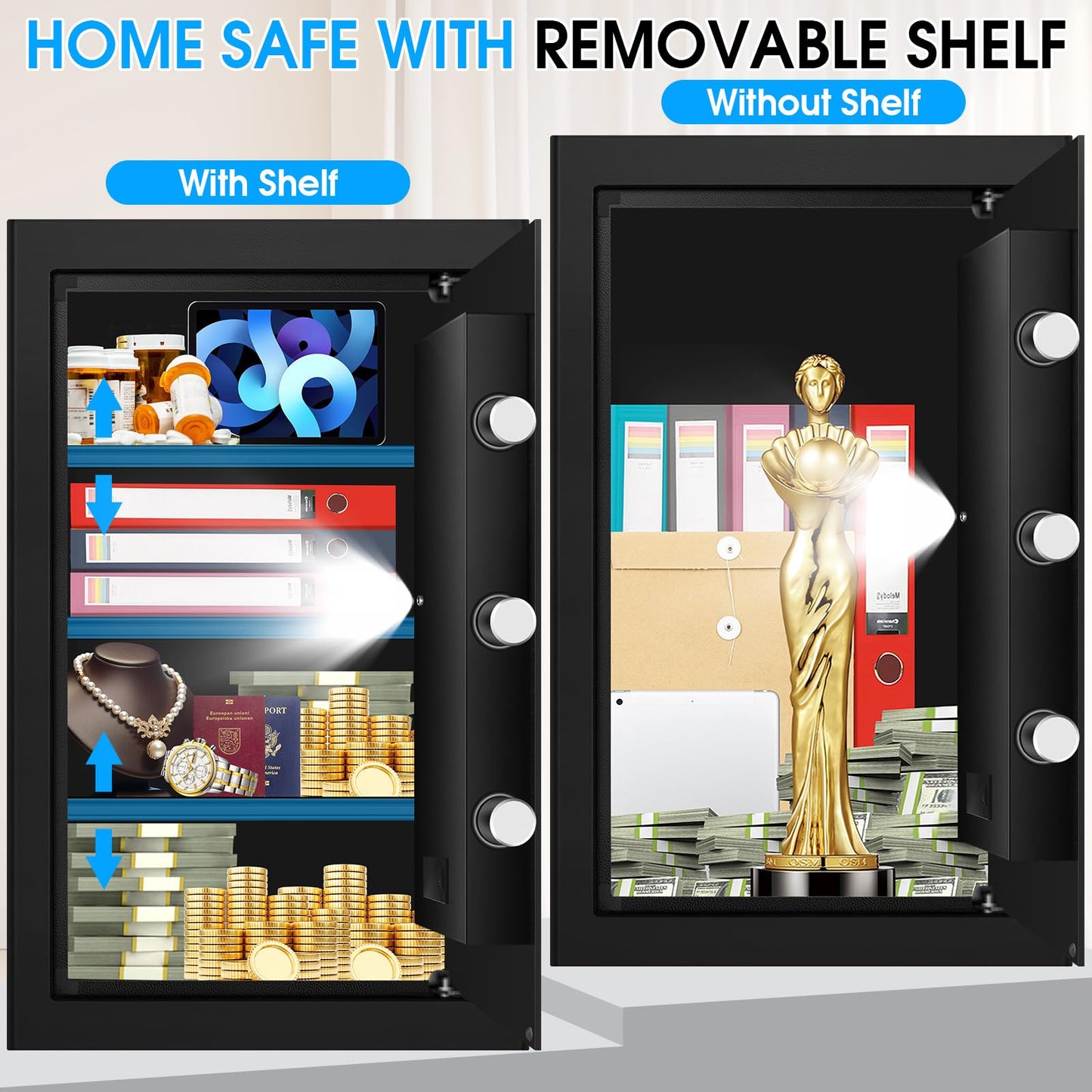 5.2 Cu Ft Large Home Safe Box Fireproof Waterproof, Personal Security Safe with Digital Keypad, Spare Keys, Alarm System and 3 Removable Shelves, Fire Document Safes for Home Money Medicine Valuables