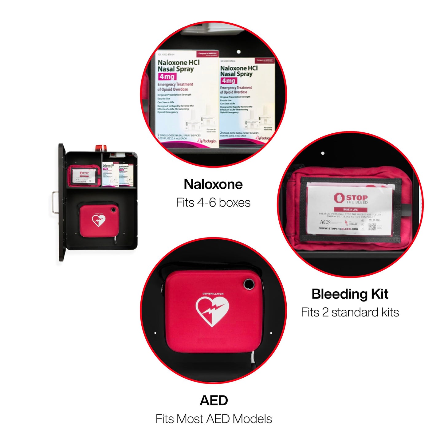 OVERDOSE KITS Emergency Medical Station – Wall Mount Cabinet for AEDs, Naloxone, Bleeding Control & First Aid Kits – Public Space Storage Solution – Black, Medium (AED & Accessories Not Included)