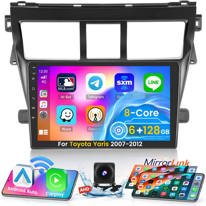 [8 Core 6G+128G] Android Radio for Toyota Yaris Vios 2007-2012 with Wireless Carplay Android Auto, 9 Inch IPS Touch Screen Car Stereo, Bluetooth 5.0, 32 EQ, GPS Navigation, 5GHz WiFi, 59UI, SWC