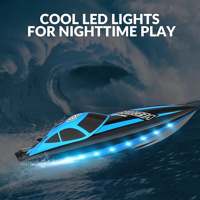 VOLANTEXRC RC Boat 20MPH Fast Remote Control Boat with Lights 2.4Ghz Toy Boat for Pools and Lakes with 2 Rechargeable Batteries Toys Gifts for Adults Blue