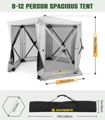Raynesys 6 Sided Pop Up Gazebo Tent, Outdoor Gazebo with 6 Removable Wind Cloths, Pop-Up Canopy Shelter with Mesh Windows, Quick Set, 12x12 Feet Space, Camping Screen Tent for 8-12 Person Foldable