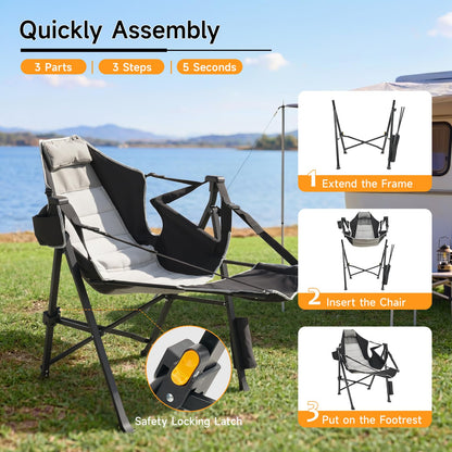 Dovov Hammock Camping Chair with Removable Footrest, 400lbs Heavy Duty Portable Swing Chair Outdoor with Adjustable Back, Foldable Camping Chair with Headrest and Cup Holder for Camping, Patio, Lawn
