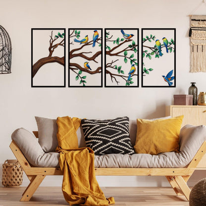 ruelen 4 Pieces Large Metal Birds and Branch Wall Art, Tree of Life Metal Wall Art, Colorful Leaves with Birds Silhouette Hanging Wall Sculpture for Living Room Home Bedroom Indoor Outdoor (Large)