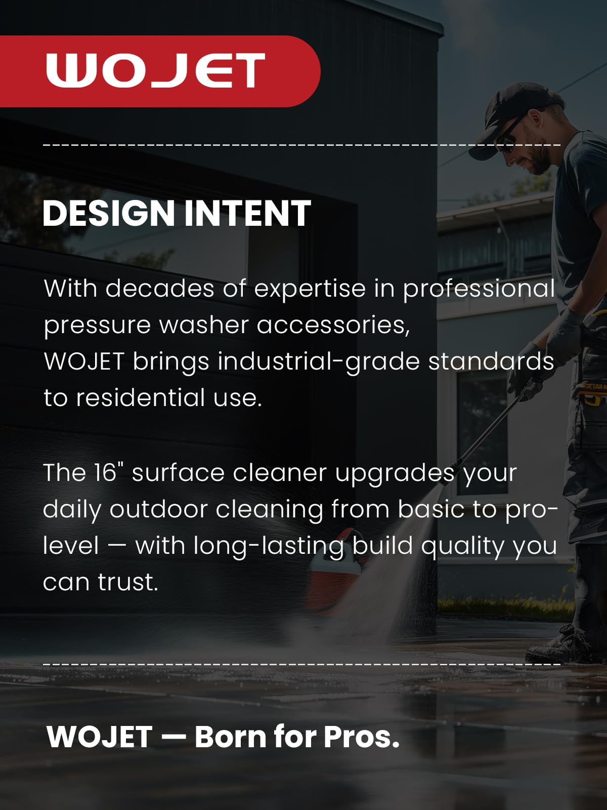 WOJET 16" Stainless Steel Pressure Washer Surface Cleaner, Professional Grade Power Washer Surface Cleaner Attachment for Concrete Driveway, Patio, Deck, Sidewalk, Fits Gas & Electric Washers 4500 PSI