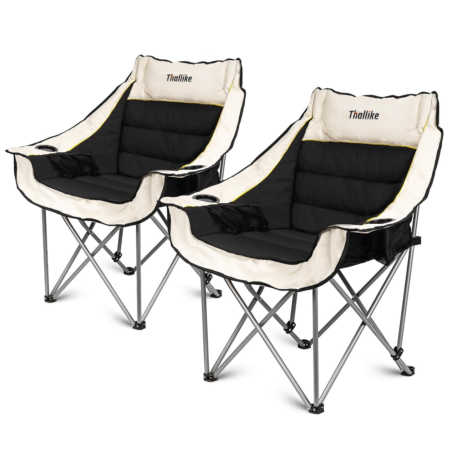 Oversized Camping Chair, Portable Folding Padded Camping Chairs with Cup Holder and Carry Bag, Heavy Duty Outdoor Camping Chairs for Adults, Up to 400Lb, for Fishing (Black-2 Pack)