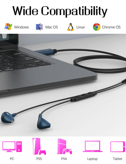 SOLMIMI USB Earbuds with Microphone for PC Laptop, 2M/6.5ft USB-A Headset Headphone with Microphone for PC Computer Laptop PS4 PS5 Notebook Desktop Office Home with Volume Control& Mute