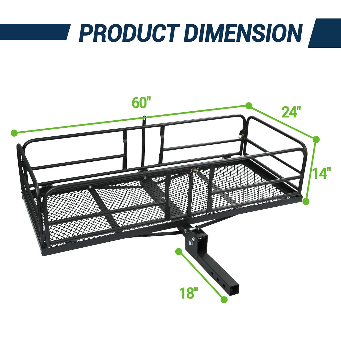Season Guard Hitch Cargo Carrier with 14" High Side Rails, 60"x24"x14" Folding Steel Basket Rack, Heavy Duty Luggage Platform Fits 2" Receiver for SUV, RV, Trailer, Pickup Truck, 500lbs Capacity