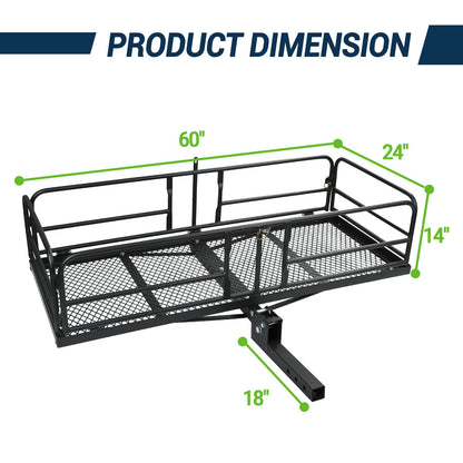 Season Guard Hitch Cargo Carrier with 14" High Side Rails, 60"x24"x14" Folding Steel Basket Rack, Heavy Duty Luggage Platform Fits 2" Receiver for SUV, RV, Trailer, Pickup Truck, 500lbs Capacity