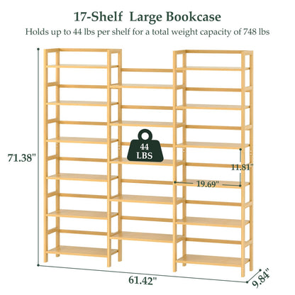 Homykic Bamboo Bookshelf, 71” Tall Triple Wide Bookcase with 17 Open Storage Shelves, 6-Tier Etagere with Back Rails, Large Display Shelf for Books, Plants, Home Office, Living Room, Max Load 748LBS