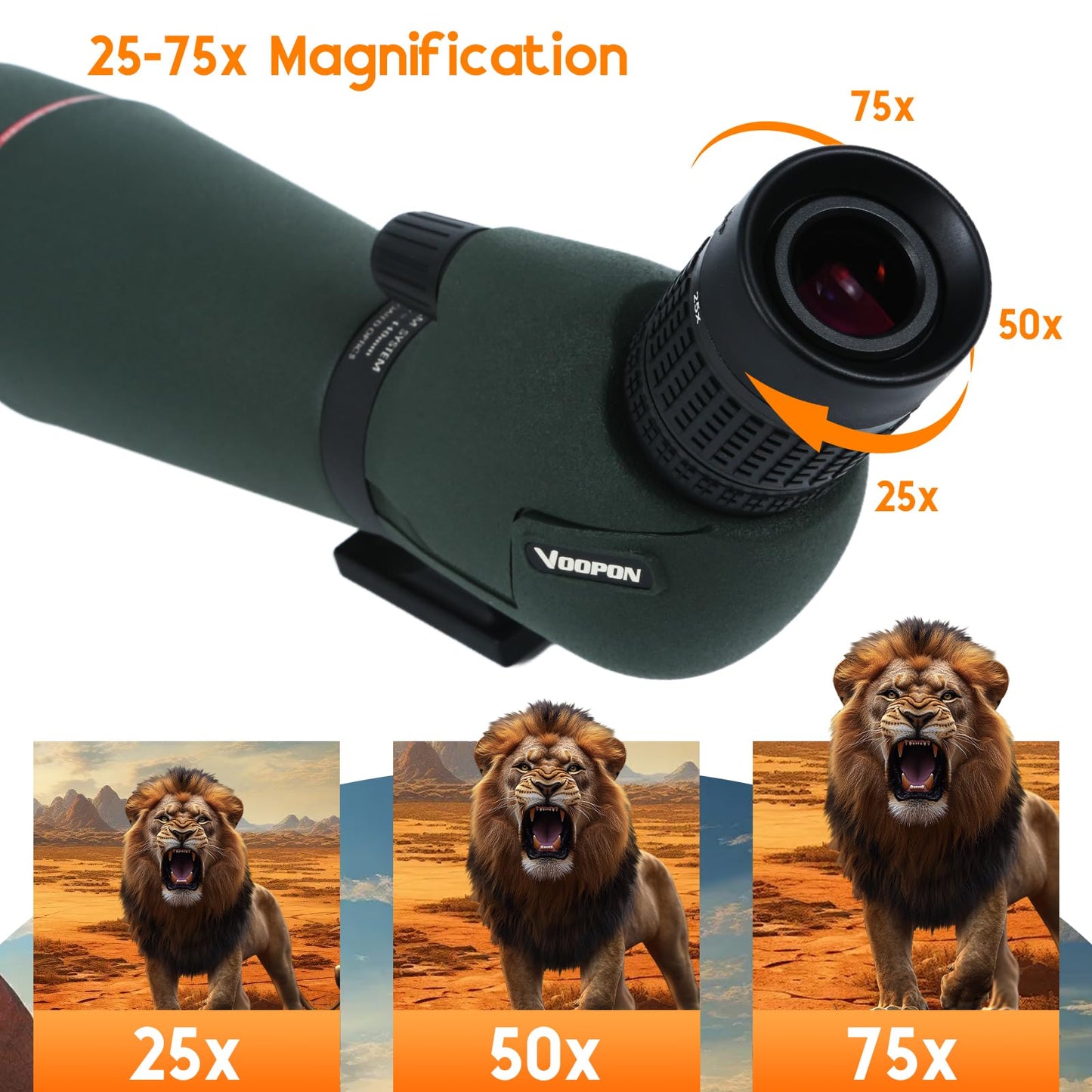 Voopon 25-75x80 HD Spotting Scope - BAK4 Prism Nitrogen-Filled with Phone Adapter, and Carrying Bag for Target Shooting, Hunting, Bird Watching, and Wildlife Viewing - Waterproof Frogproof Telescope