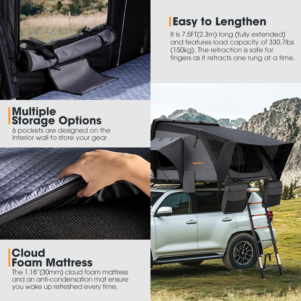 Sanhima Rooftop Tent Hard Shell - Jervis Overland Aluminium ABS Roof Top Tent w/Stargaze Window & LED Strip Light for Car SUV Truck Camping, 2-3 People (Gray)
