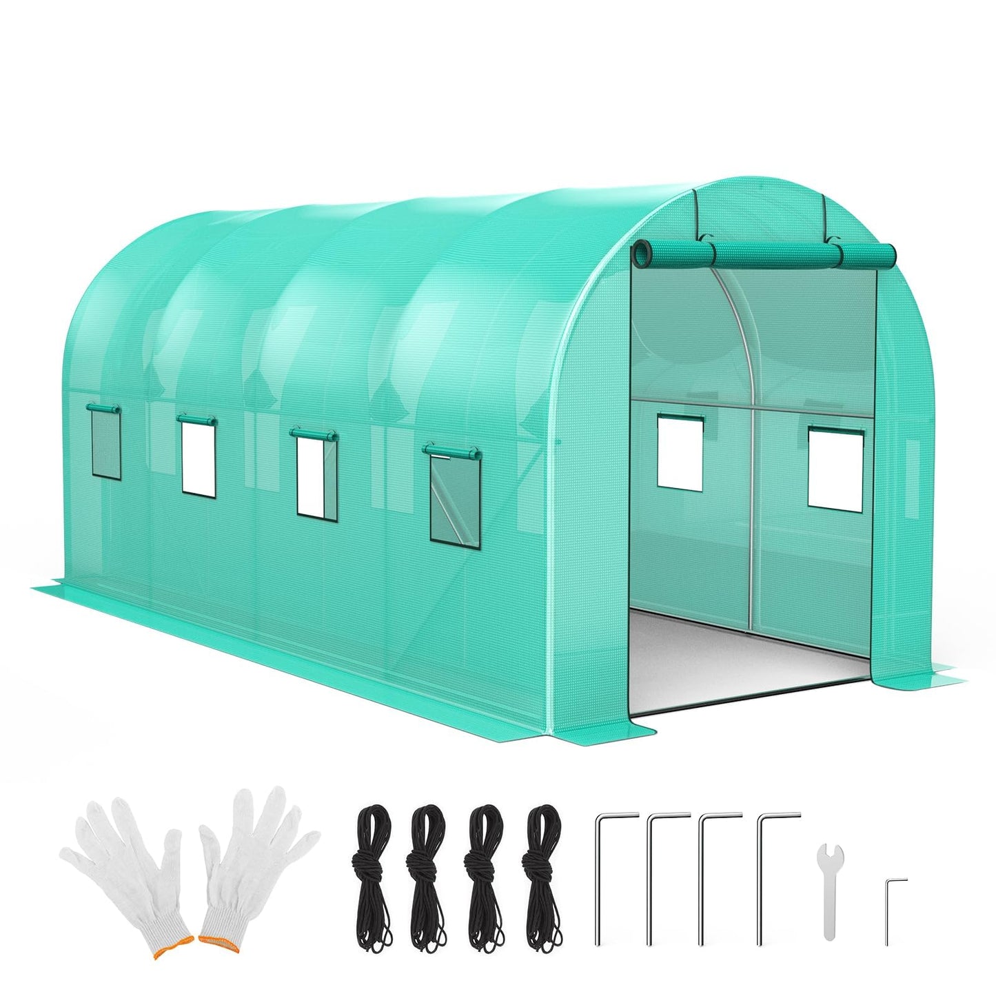 7*15*7FT Walk-in Greenhouse, Portable Walking in Tunnel Tent, Walking in Tunnel Tent with Galvanized Pipe, 2 Roller Zippered Door & 8 Screen Windows, Greenhouses for Outdoors (Bottom widening Design)