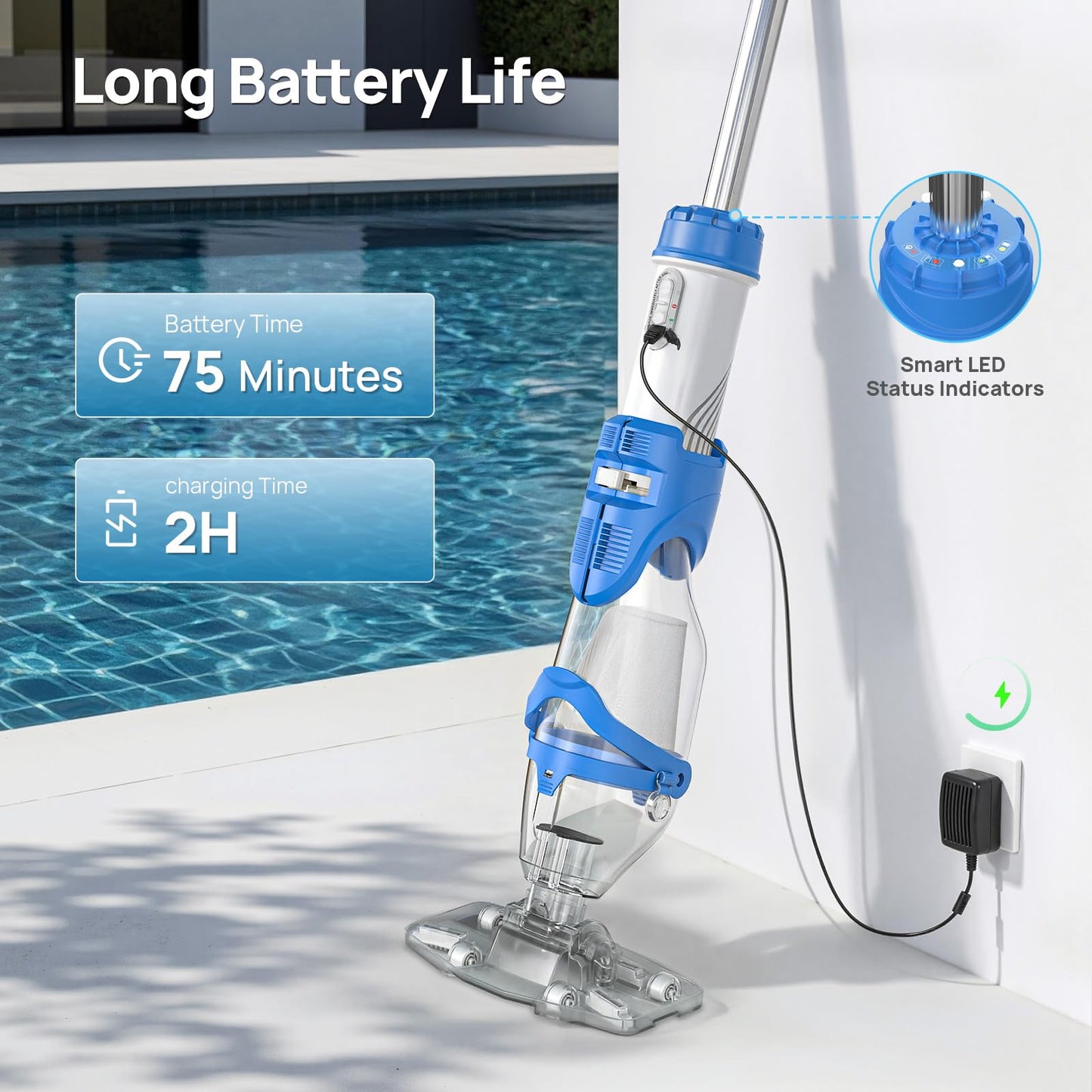 Consciot Upgraded Pool Vacuum for Above Ground & Inground Pool, 75-Min Runtime, 113" (9.4FT) Telescopic Pole, 22 GPM Suction, 2L Capacity, 4 Filters; Ideal for Spa, Hot Tub & Pool Stairs