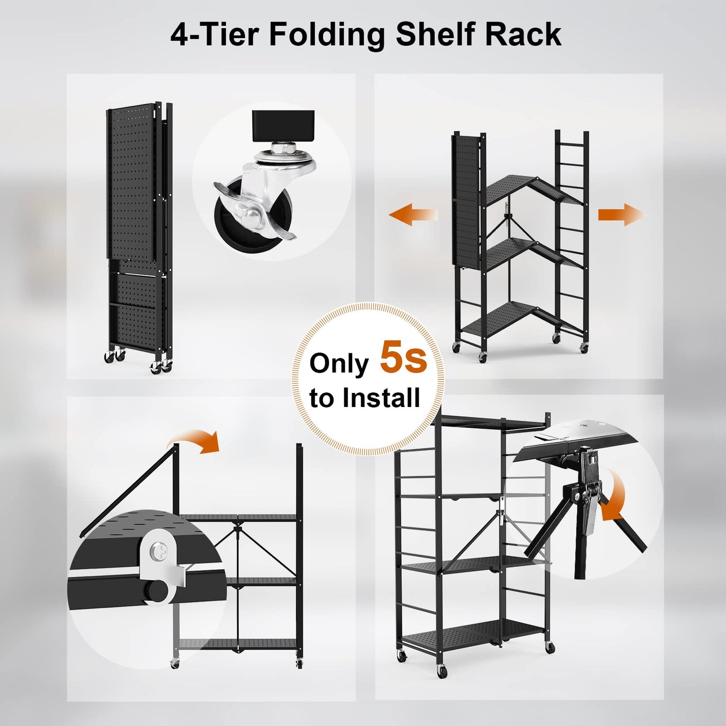 Himix Storage Shelves with Hooks, Foldable Metal Shelving Unit on Wheels, No Assembly Collapsible Shelves for Storage, Holds 264 Ibs Storage Rack for Kitchen Garage Pantry Room Organization