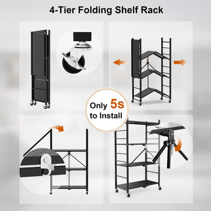Himix Storage Shelves with Hooks, Foldable Metal Shelving Unit on Wheels, No Assembly Collapsible Shelves for Storage, Holds 264 Ibs Storage Rack for Kitchen Garage Pantry Room Organization