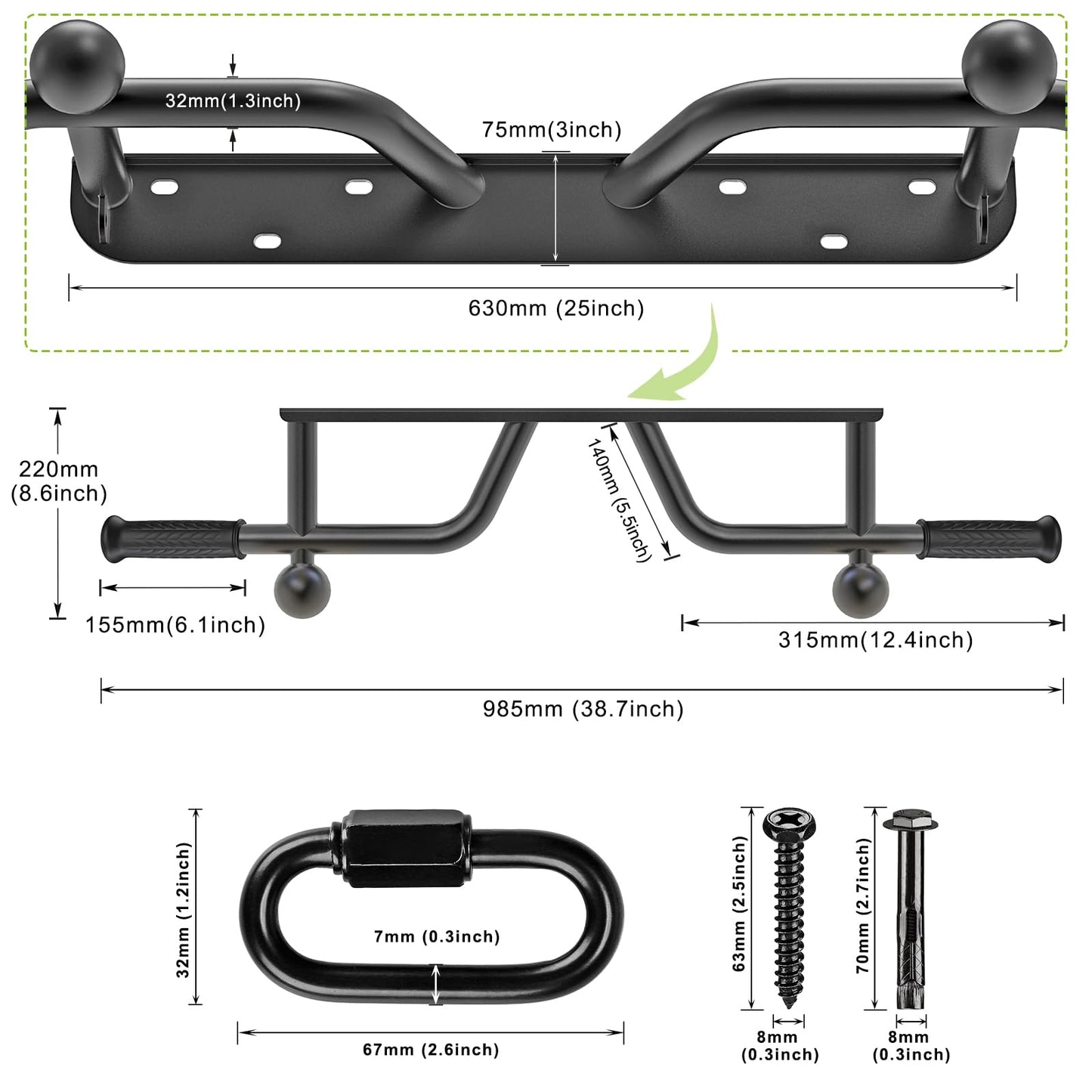 Kipika Heavy Duty Wall Mounted Pull Up Bar, Ball Finger Grip Training, 1 3/10" Durable Steel Tubing, 5 Hand Grip, 38" Wide, 6" Wall to Bar Spacing, More Stable 6 Hole