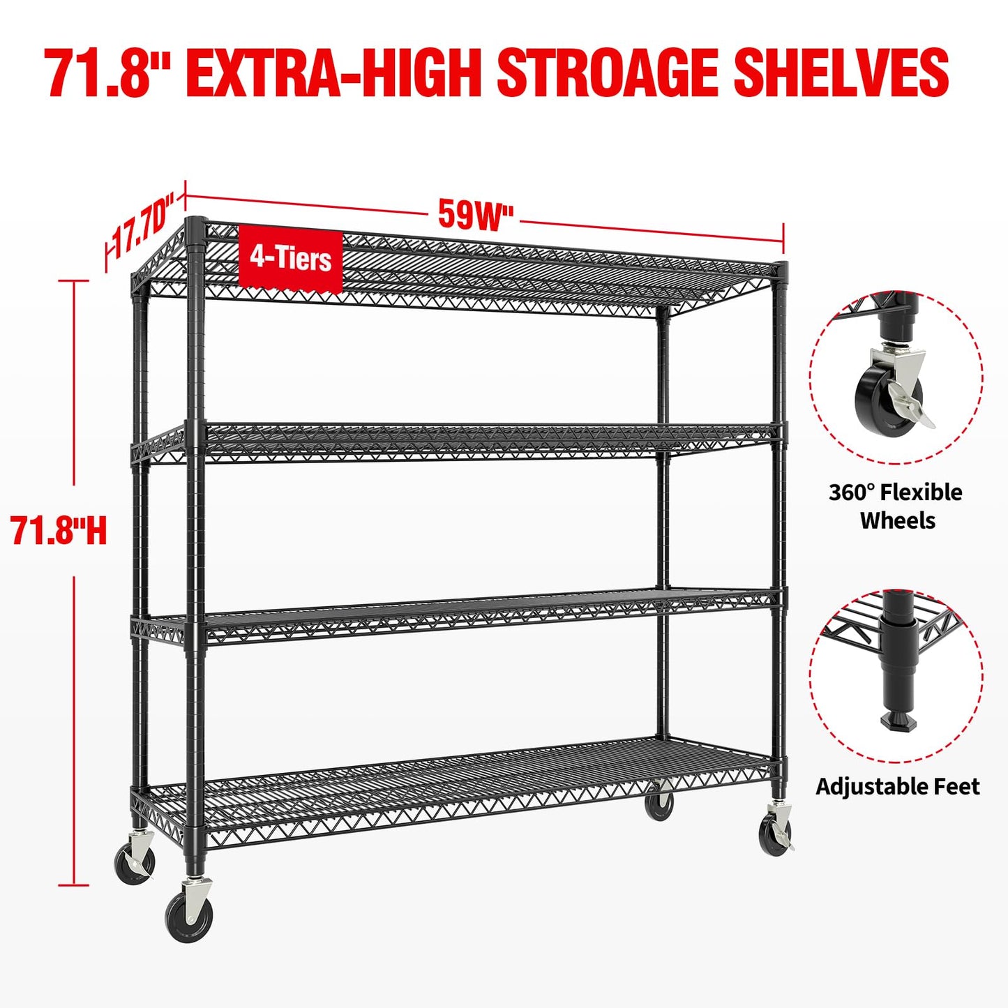 Garvee Metal Shelving 4-Tiers with Wheels, 2640LBS Heavy Duty Storage Shelves for Garage Kitchen, Rolling Shelving Units Wire Rack with Feet, 59" Wx71.8 Hx17.7 D,Adjustable & Easy Assemble, Black