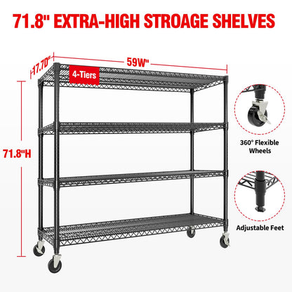 Garvee Metal Shelving 4-Tiers with Wheels, 2640LBS Heavy Duty Storage Shelves for Garage Kitchen, Rolling Shelving Units Wire Rack with Feet, 59" Wx71.8 Hx17.7 D,Adjustable & Easy Assemble, Black