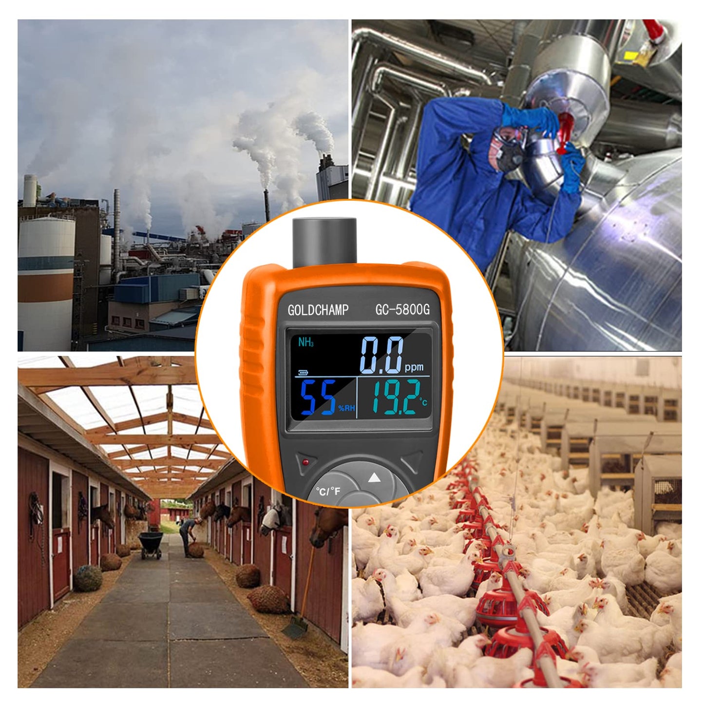 GOLDCHAMP Ammonia Gas Detector 0~100ppm NH3 Monitor with 0.1ppm Resolution, Temperature(℉/℃), Humidity, LCD Display, Double Alarm, Tripod Hole for Farm, Poultry, Pig & Livestock