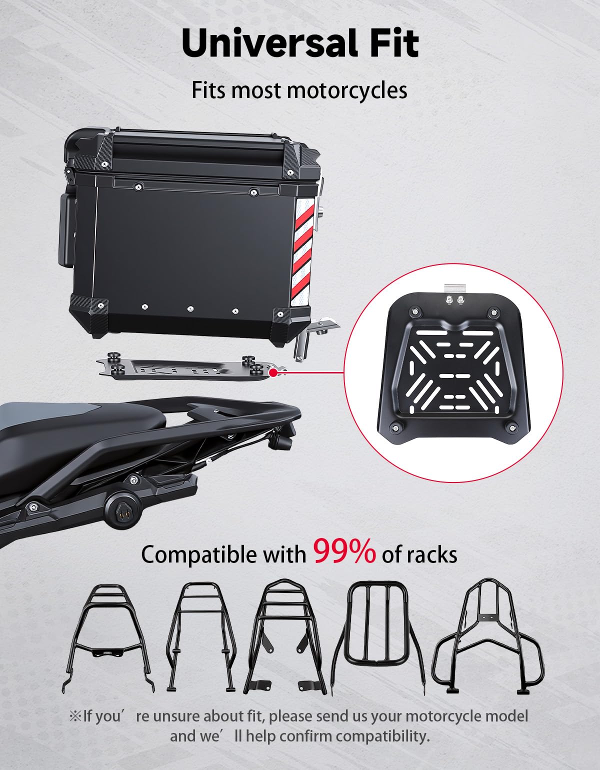 KEMIMOTO Motorcycle Top Case 56L, Universal Aluminum Alloy Motorbike Tail Box with Leather Lining, Waterproof Detachable Motorcycle Top Box with Lock & Back Cushion