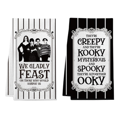 Cheroloven Halloween Kitchen Towels, Funny Addams Family Hand Towels, 2 Pack Gothic Dish Towels， Spooky Home Bathroom Decor Party Favors, Addams Family Merch Gifts for Women Men