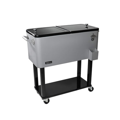 Pearington 80 Quart Rolling Ice Chest, Portable Patio Party Bar Drink Cooler Cart, with Shelf, Beverage Pool with Bottle Opener, Grey