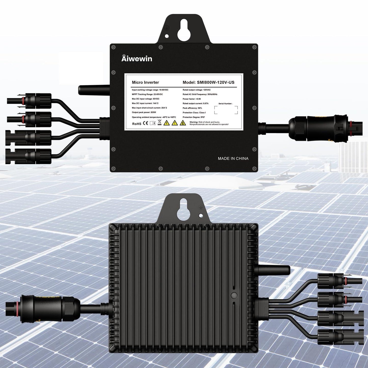 Solar Grid Tie Micro Inverter 800W, SMI800W 120V AC Grid-Tied Output with WiFi Smart App Tracking, 96% Efficiency Pure Sine Wave Inverter for Family Residence, Home & Small Business Energy Saving