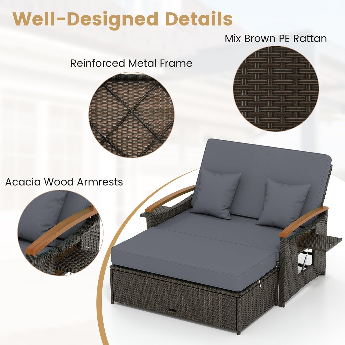 Tangkula Patio Rattan Daybed with 4-Level Adjustable Backrest, Outdoor Wicker Loveseat with Acacia Wood Armrest, Storage Ottoman & Folding Tray, Double Sunbed for Lawn Yard & Poolside, Grey & Brown