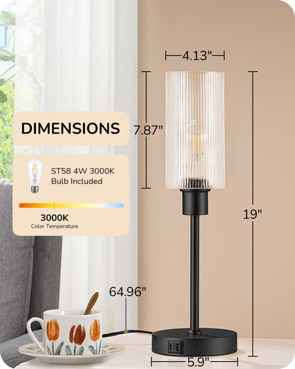 EDISHINE Table Lamp, Touch Control, 3-Way Dimmable, USB C+A Ports, Glass Shade, Black, Model 6e0d2e66-4aa0-
