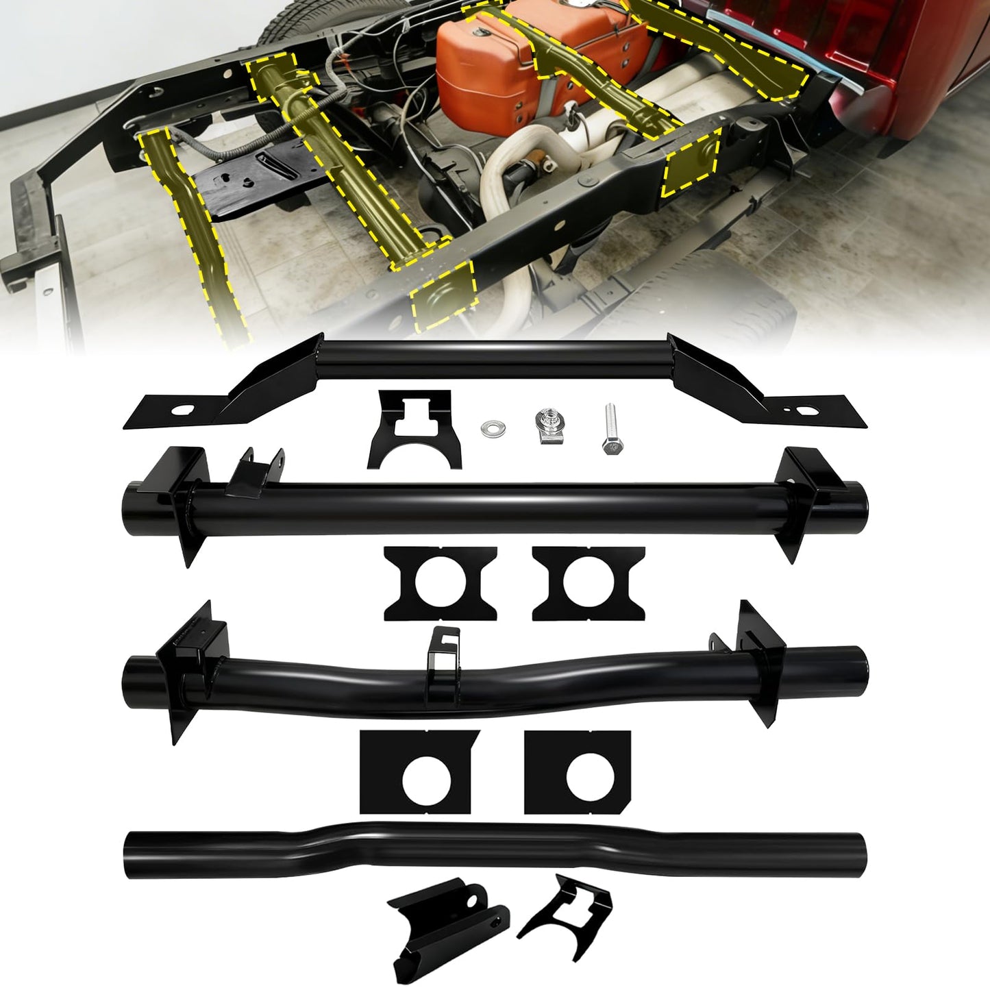 4PCS Front and Rear Fuel Tank Support Crossmember, Rear Upper Shock Mount Crossmember, Rear Spare Tire Support Crossmember Kit Fit for 1999-2006 Chevy Silverado GMC Sierra 1500 2500