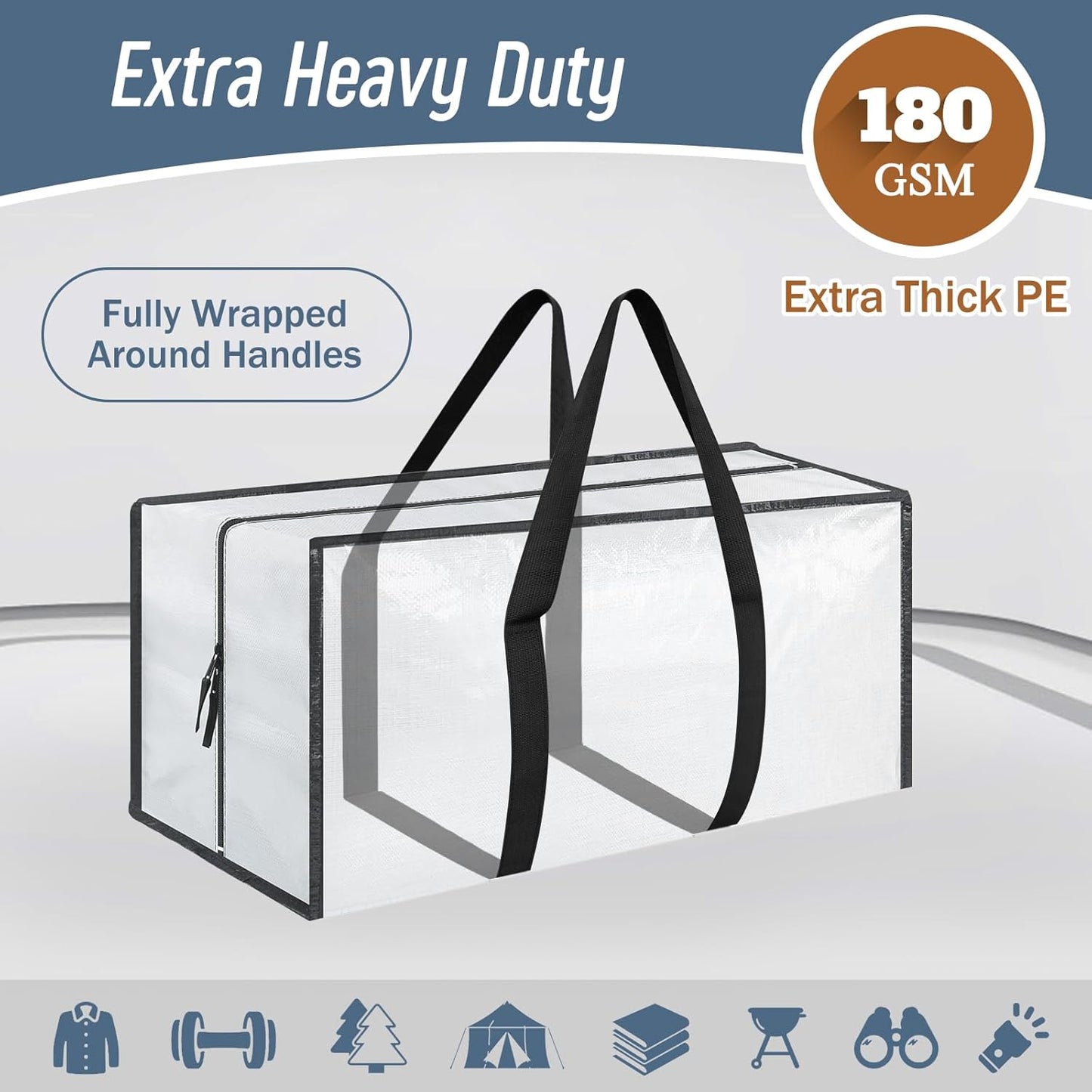 Skiennix Extra Heavy Duty Moving Bags - 6 Pack with Strong Zipper & Comfortable Handles | Durable White Storage Totes