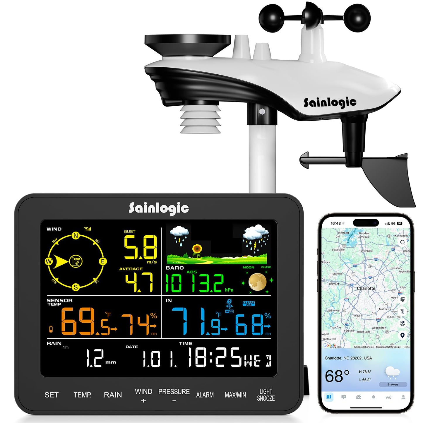 Sainlogic Smart WiFi Weather Station with Rain Gauge and Wind Speed, 24/7 AI Weather Forecast by Weatherseed®, Wireless Indoor Outdoor, APP Alerts, 2-Year Data Export (2.4GHz WiFi Only)