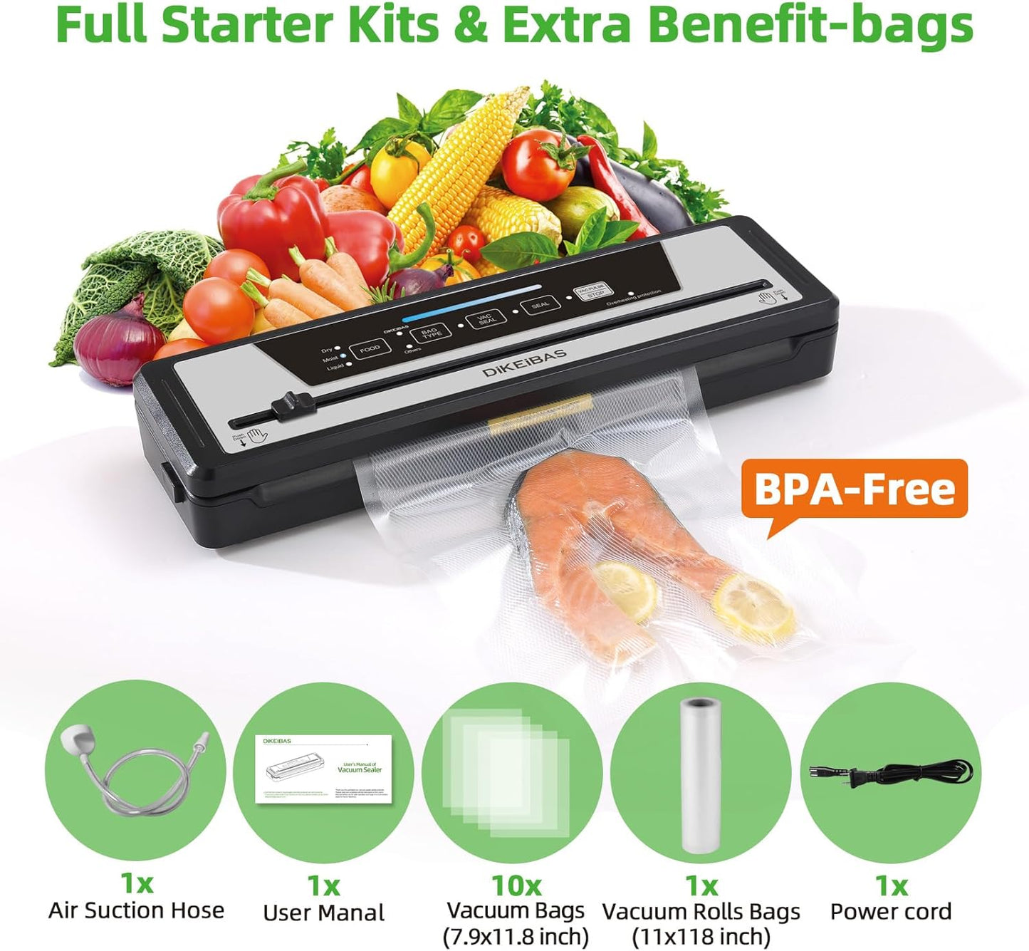 Vacuum Sealer Machine - Powerful 85kPa Suction | Compact One-Touch Automatic Food Sealer with Bags & Cutter