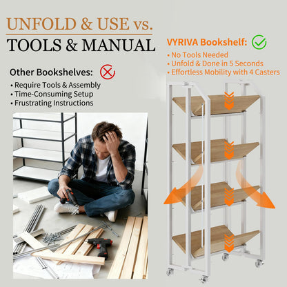 VYRIVA No Assembly Double-Sided Folding Bookshelf for Living Room, 4 Tier Collapsible Book Shelf for Home Office, Portable Bookcase Storage Organizer