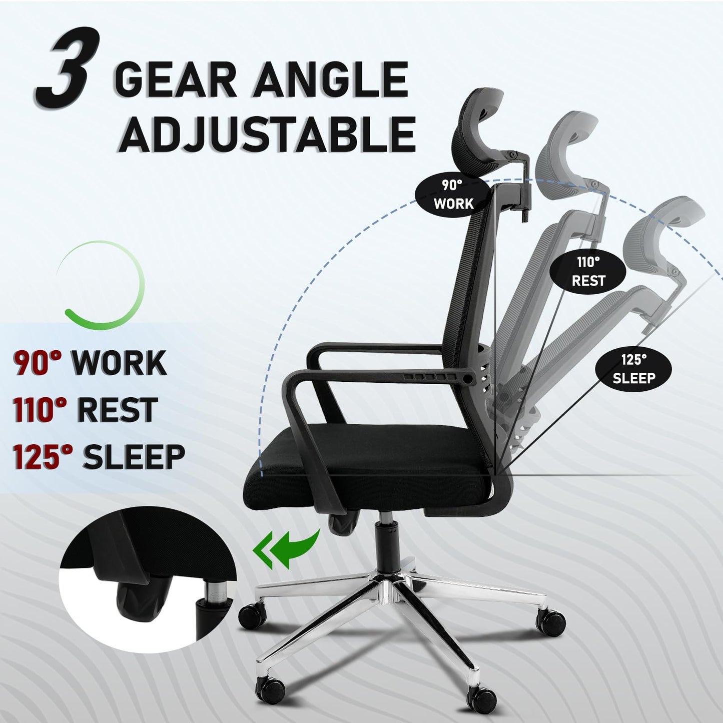 Ergonomic Office Chair,High Back Desk Chair with 3 Gear Tilting Backrest and Adjustable Headrest,400lbs Weight Capacity Integrated Metal Base with Swivel Wheels,Comfort Breathable Mesh