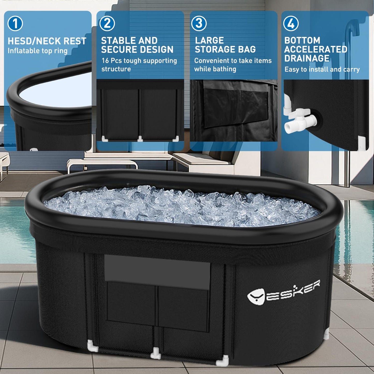 Yesker 110-Gallon Oval Ice Bath Tub with Storage Bag, Multi-Layered Portable Cold Plunge Tub with Cover, Drop-In Bathtub Foldable for Athletes, Home Gym, Outdoor Use