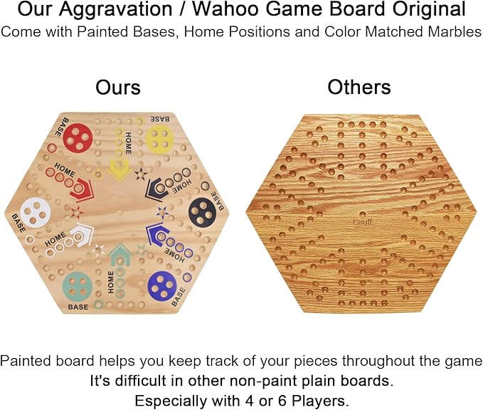 24 Wooden Wahoo Board Game Double-Sided for 4 or 6 Players Fast Track Board Game Original Marble Game Set with 36 Marbles 8 Dice for Family Night Parties and Adult Gifting