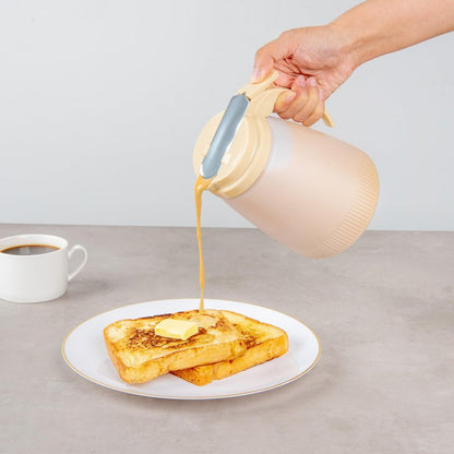 Restaurantware-Chef 101 48 Ounce All Purpose Syrup Dispenser, 1 Honey Dispenser - Beige Top, Stainless Steel Slide Cover, Plastic Pancake Syrup Bottle, Perfect For Diners, Restaurants, Home