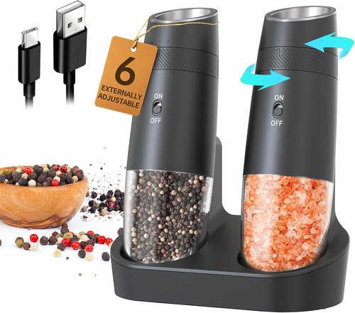 CIRCLE JOY Electric Salt and Pepper Grinder Set - Rechargeable, Adjustable Coarseness, LED Light