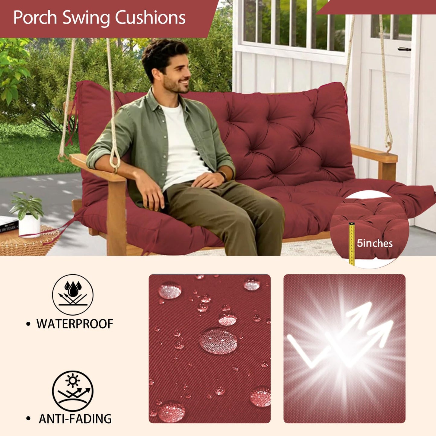 KGOSAUO Durable Extra 5" Thick Waterproof Porch Swing Cushions Outdoor 60 inch Fade-Resistant Swing Bench Cushions 3 Seater Replacement with Backrest for Outdoor Patio Backyard Furniture(Wine Red)